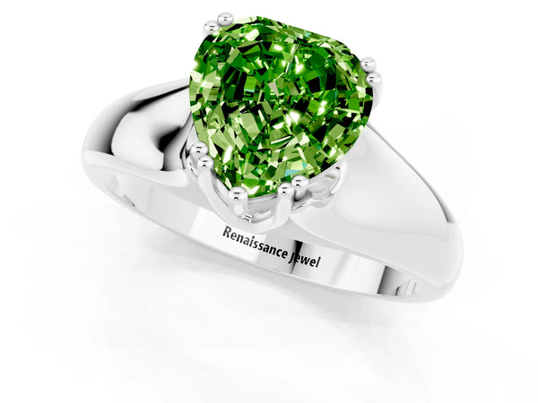 Platinum Heart Cut Peridot Solitaire Ring with Wide Band and Prong Setting