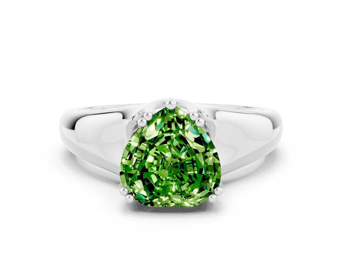 White gold Heart Cut Peridot Solitaire Ring with Wide Band and Prong Setting