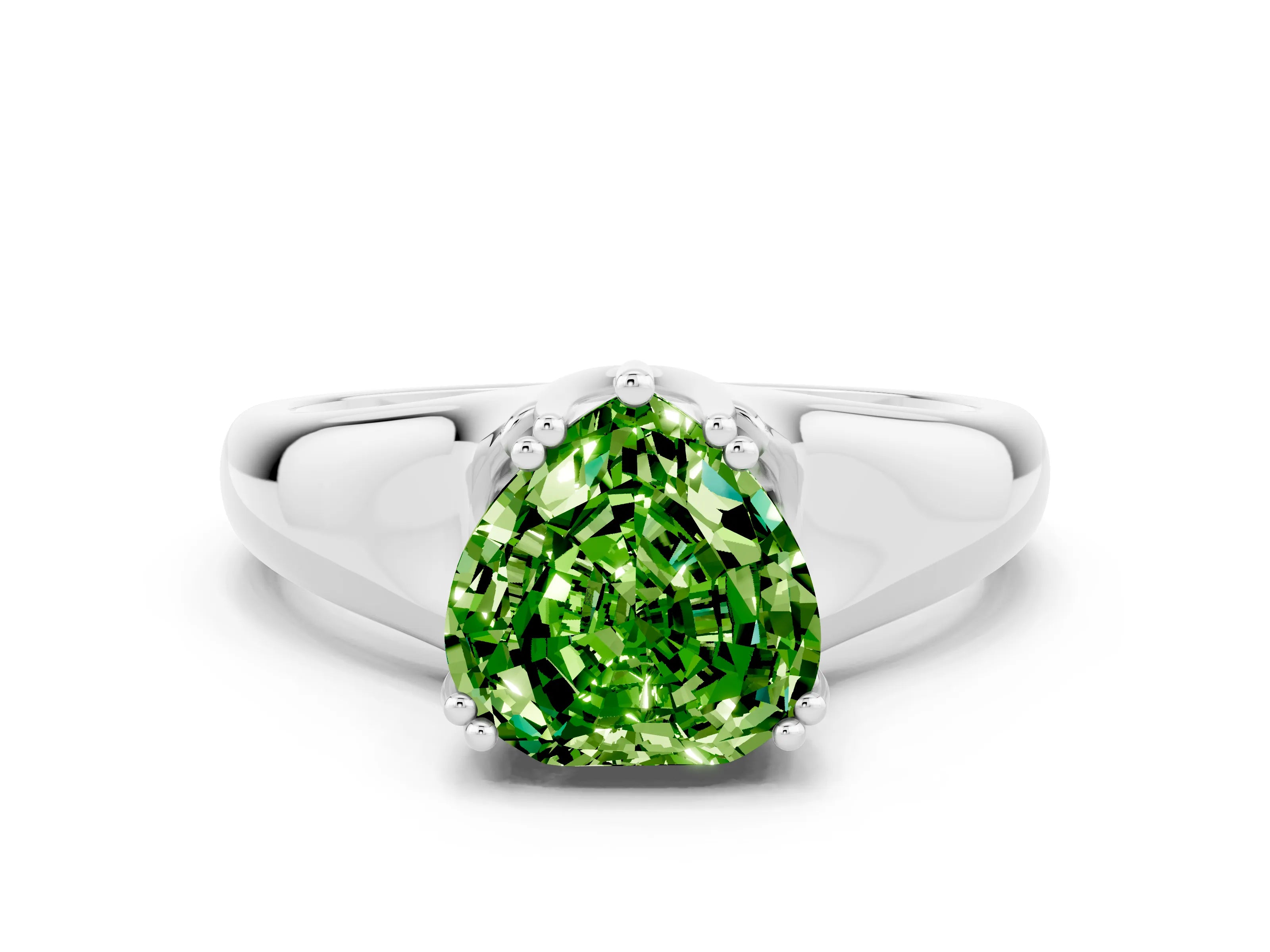 White gold Heart Cut Peridot Solitaire Ring with Wide Band and Prong Setting