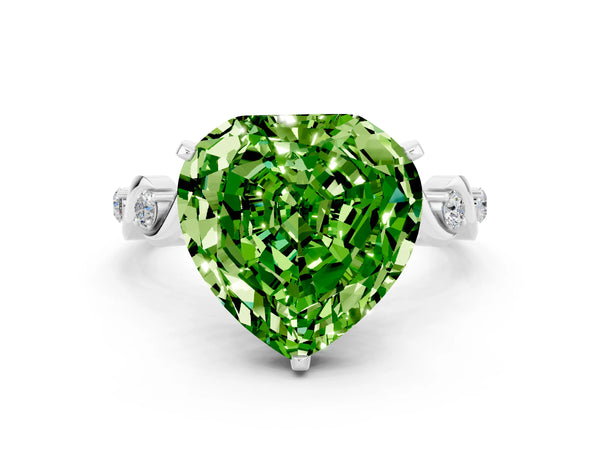 Platinum Heart Cut Peridot Solitaire Twisted Band with Round  Accents and Prong Setting