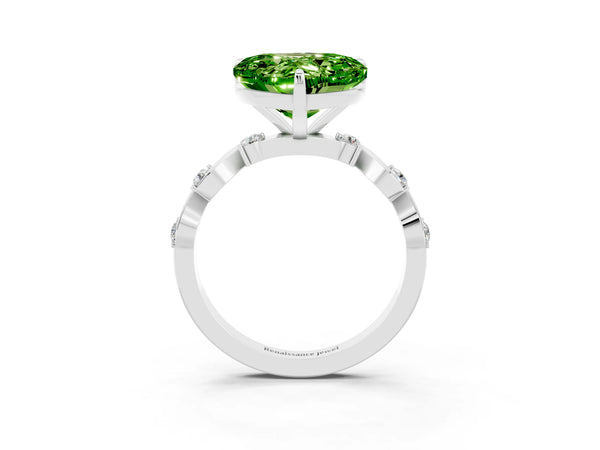 Platinum Heart Cut Peridot Solitaire Twisted Band with Round  Accents and Prong Setting