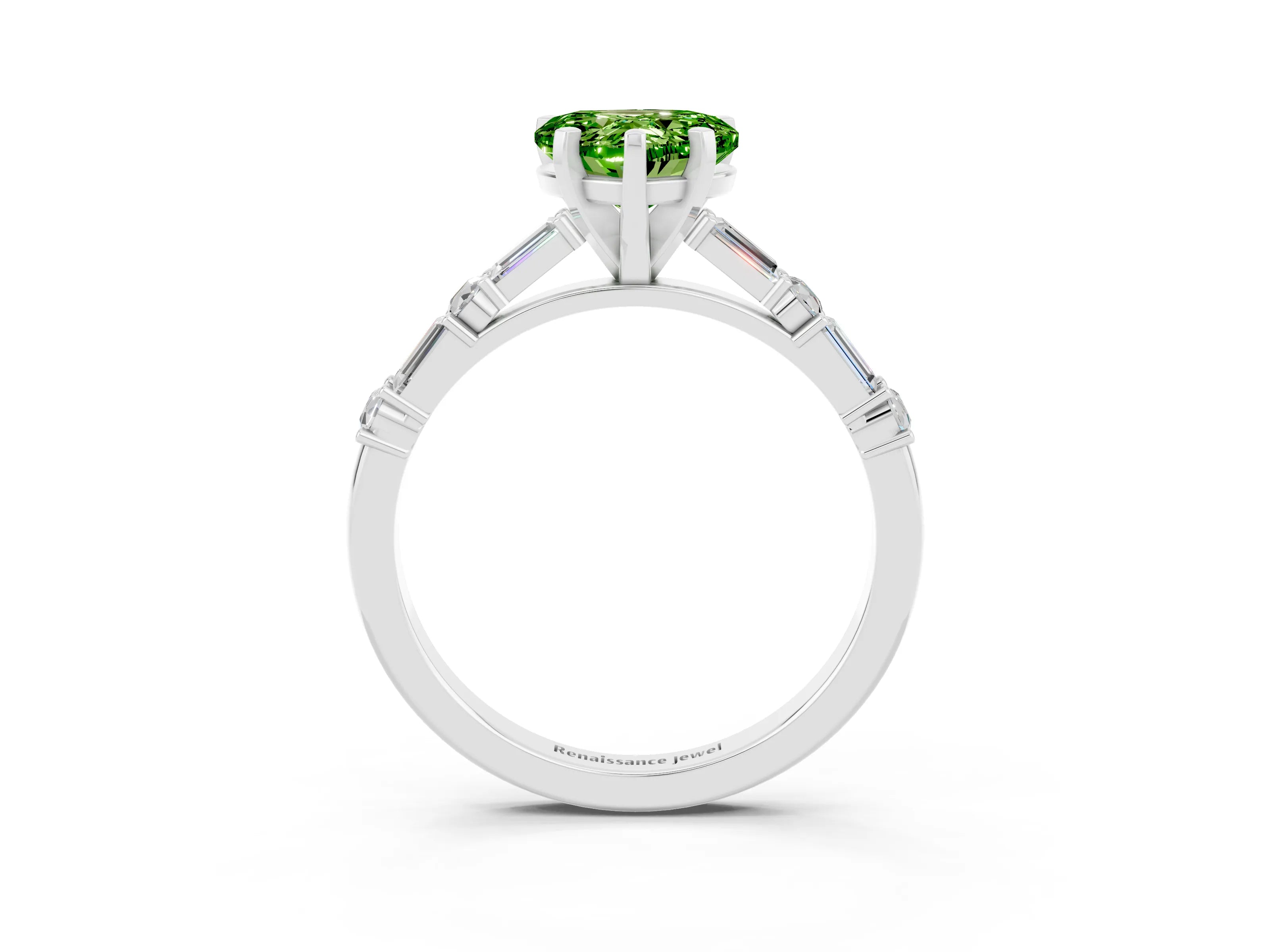 White gold Heart Cut Peridot Solitaire with Side Baguettes and Channel Set Band_3