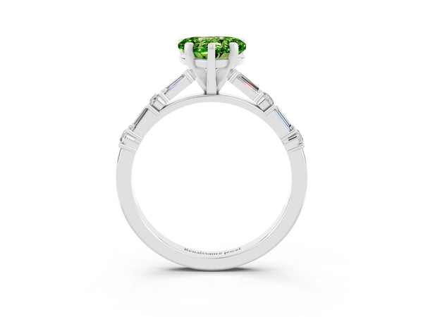 Silver Heart Cut Peridot Solitaire with Side Baguettes and Channel Set Band