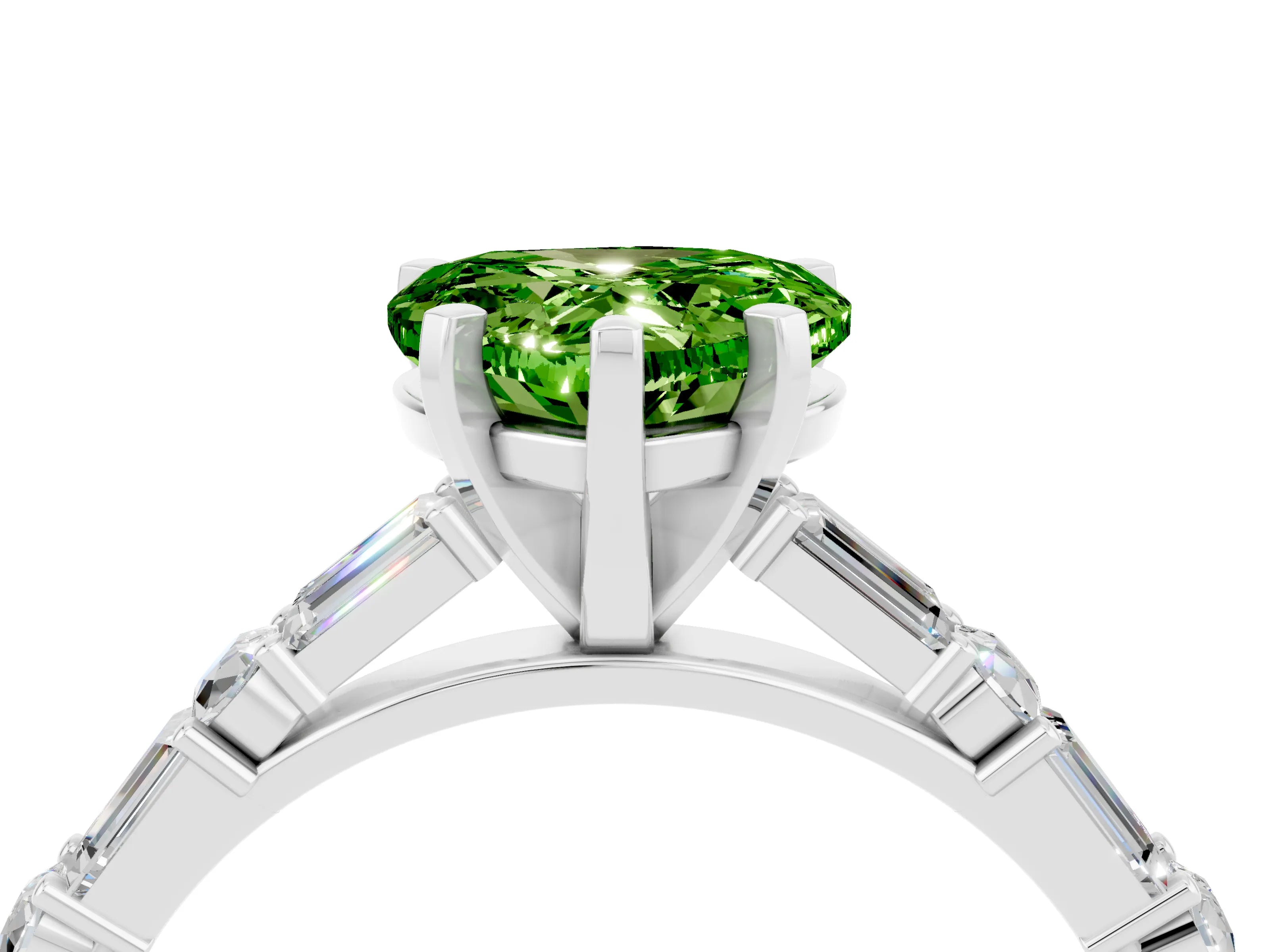 White gold Heart Cut Peridot Solitaire with Side Baguettes and Channel Set Band_4