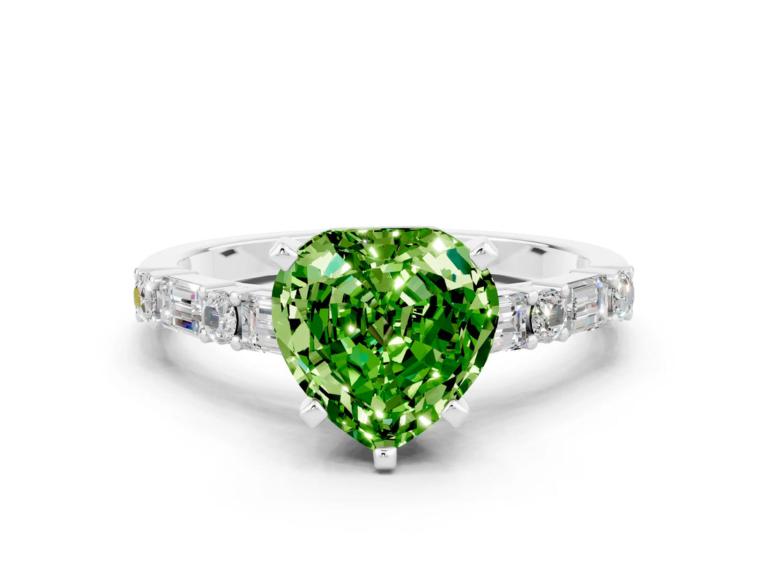 White gold Heart Cut Peridot Solitaire with Side Baguettes and Channel Set Band
