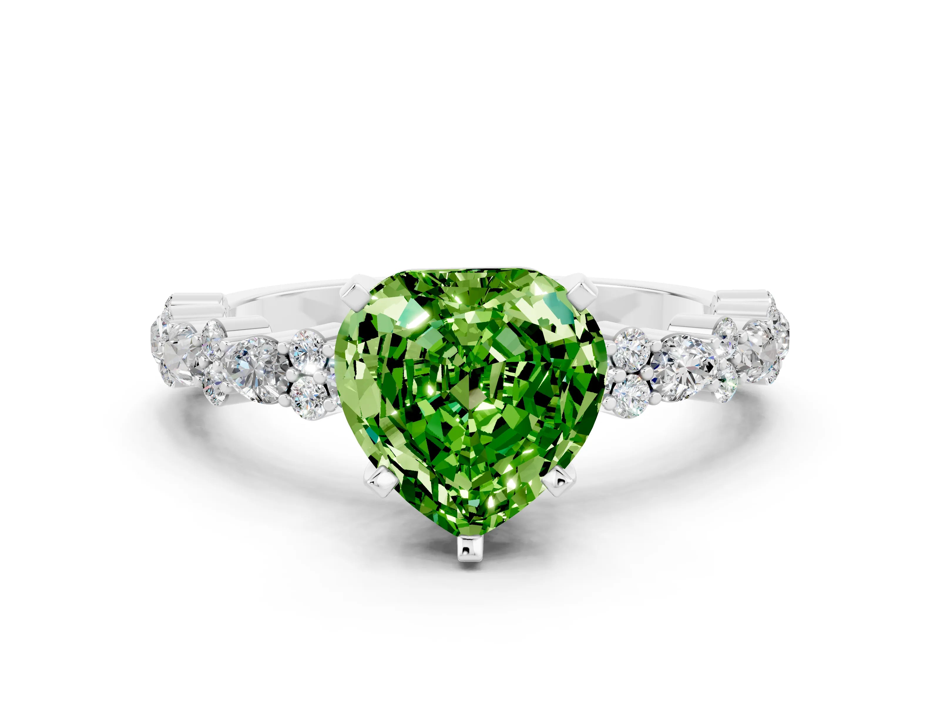 White gold Heart Cut Peridot Solitaire with Side Stones, Pave Band, Four-Prong Setting_36