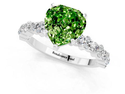 White gold Heart Cut Peridot Solitaire with Side Stones, Pave Band, Four-Prong Setting_37
