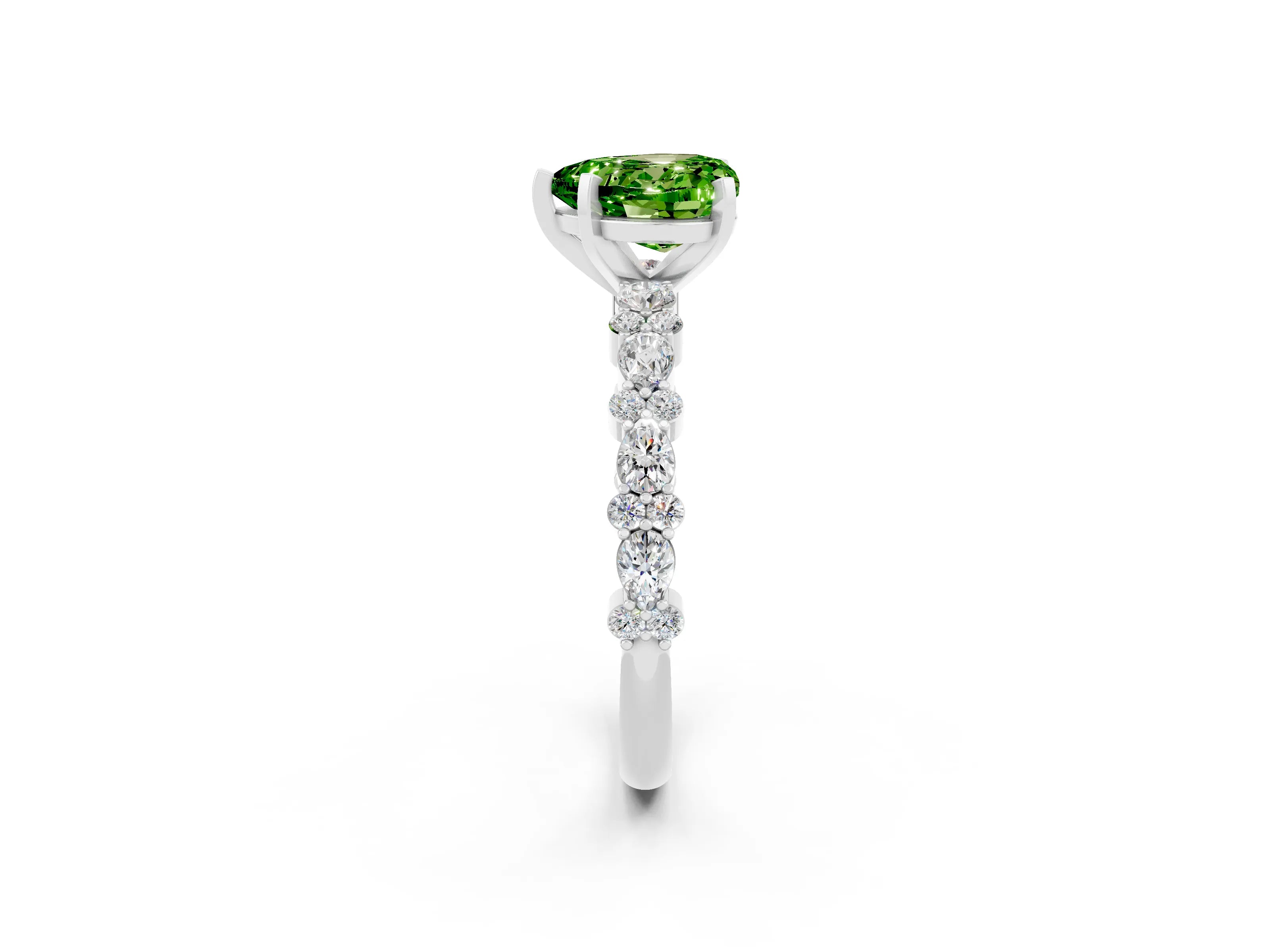 White gold Heart Cut Peridot Solitaire with Side Stones, Pave Band, Four-Prong Setting_38