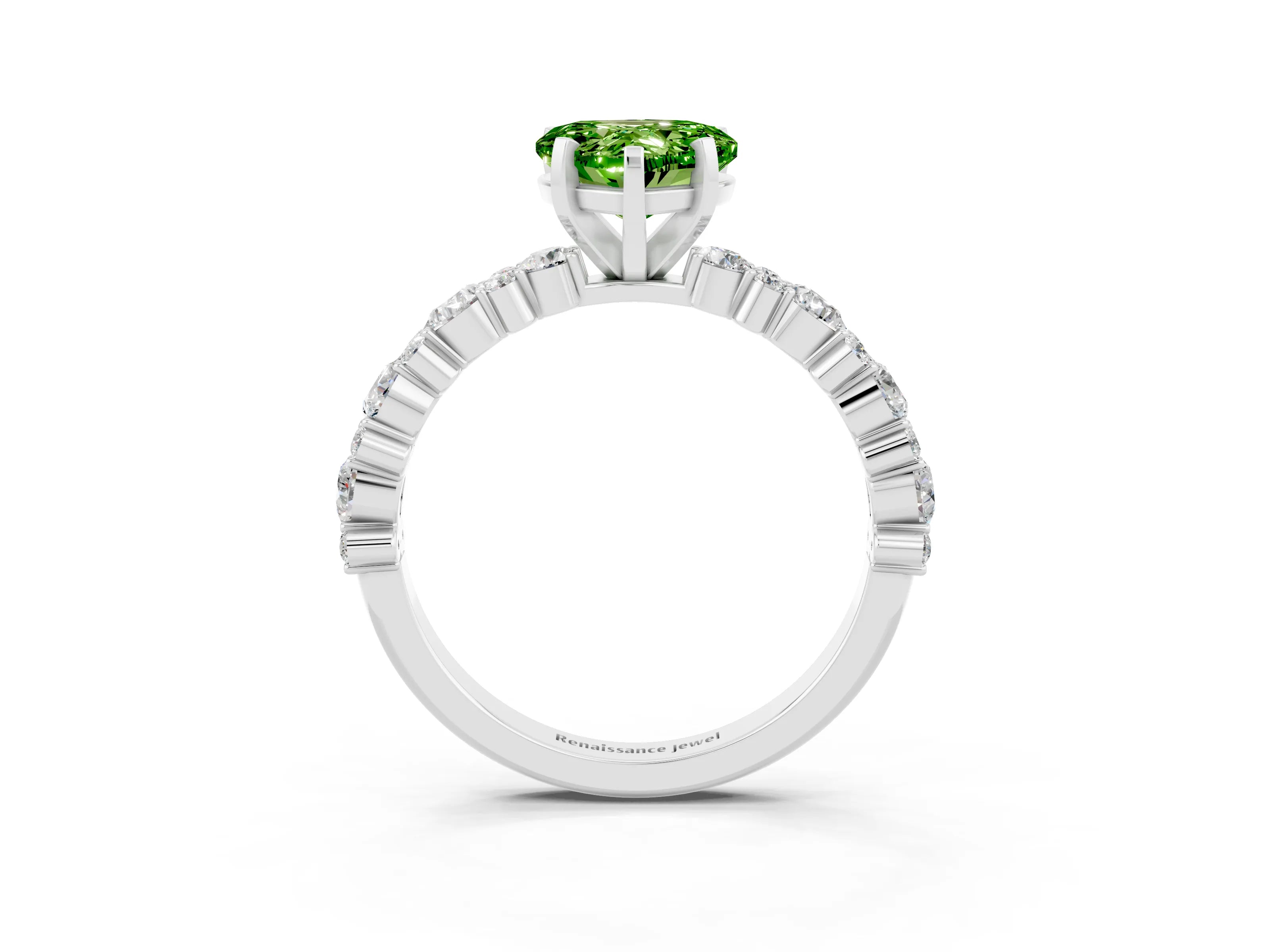 White gold Heart Cut Peridot Solitaire with Side Stones, Pave Band, Four-Prong Setting_39