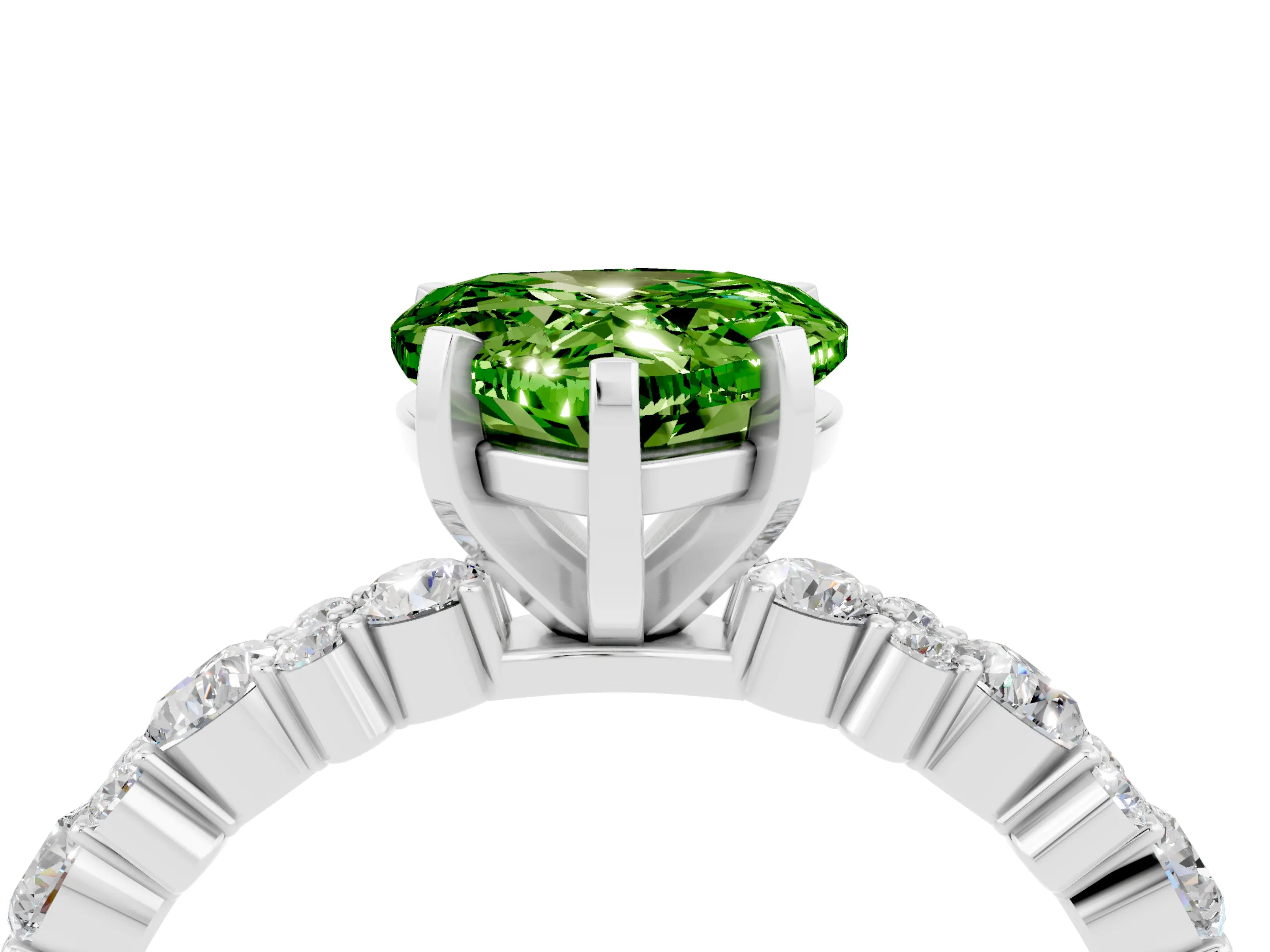 White gold Heart Cut Peridot Solitaire with Side Stones, Pave Band, Four-Prong Setting_40