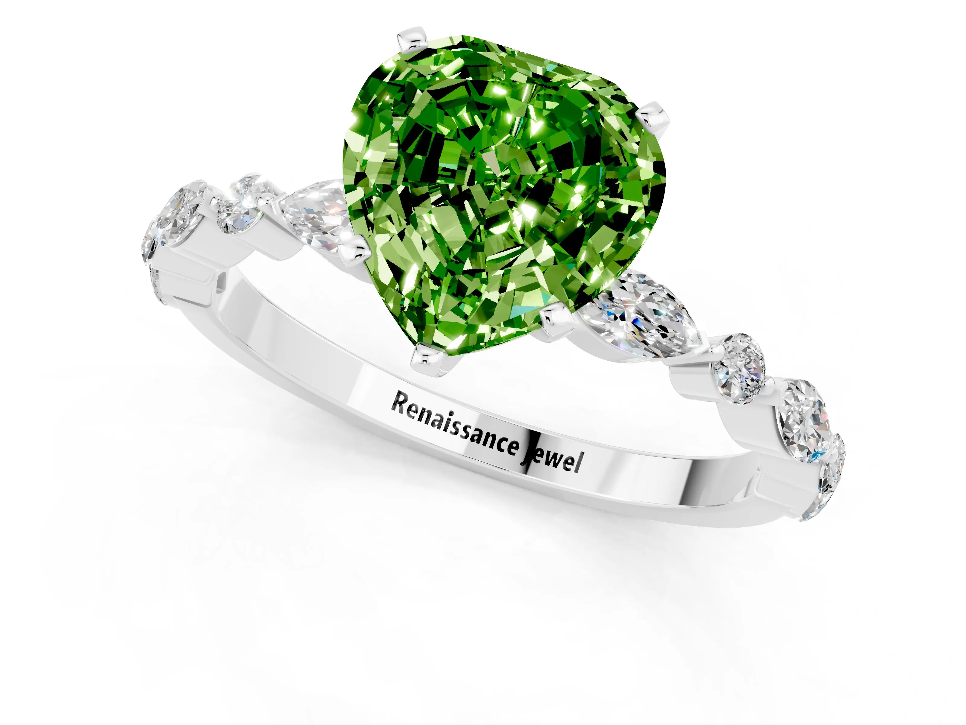 White gold Heart Cut Peridot Solitaire with Side Stones on a Pavé Band and Four-Prong Setting_1