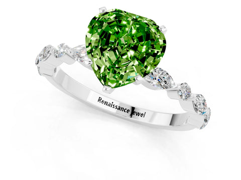 White gold Heart Cut Peridot Solitaire with Side Stones on a Pavé Band and Four-Prong Setting_1