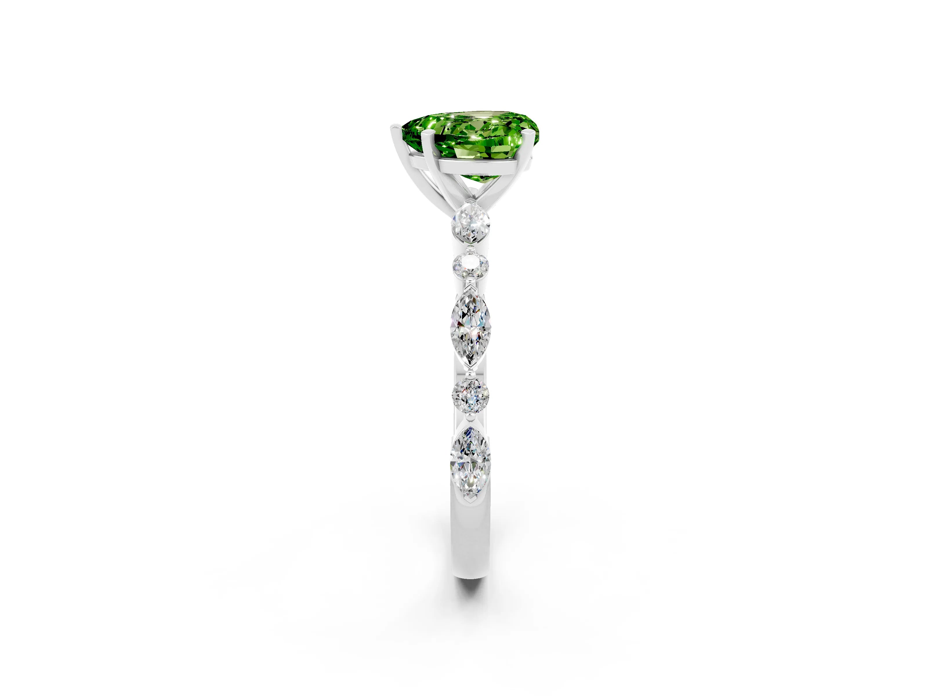 White gold Heart Cut Peridot Solitaire with Side Stones on a Pavé Band and Four-Prong Setting_2