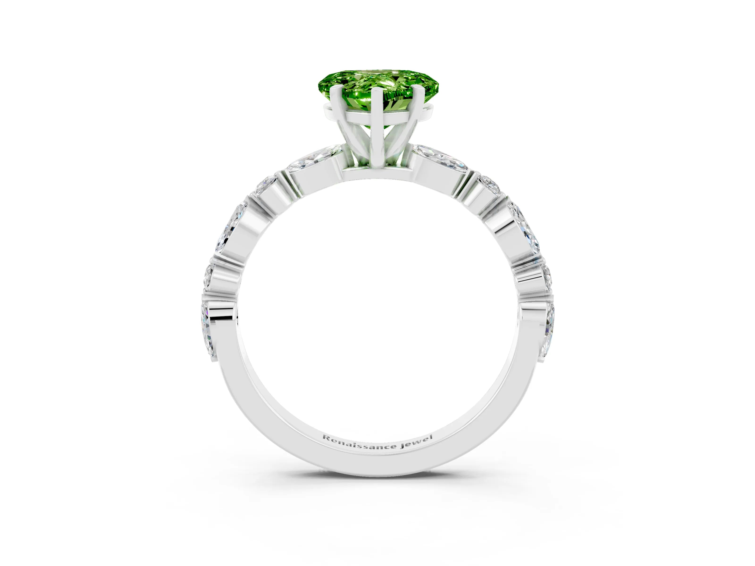 White gold Heart Cut Peridot Solitaire with Side Stones on a Pavé Band and Four-Prong Setting_3