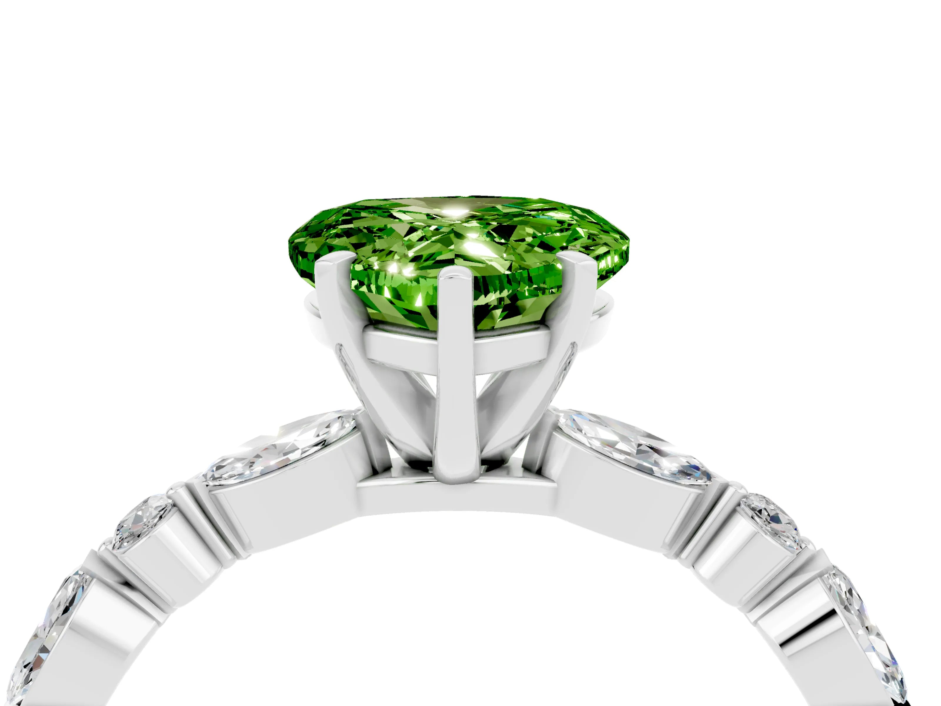 White gold Heart Cut Peridot Solitaire with Side Stones on a Pavé Band and Four-Prong Setting_4