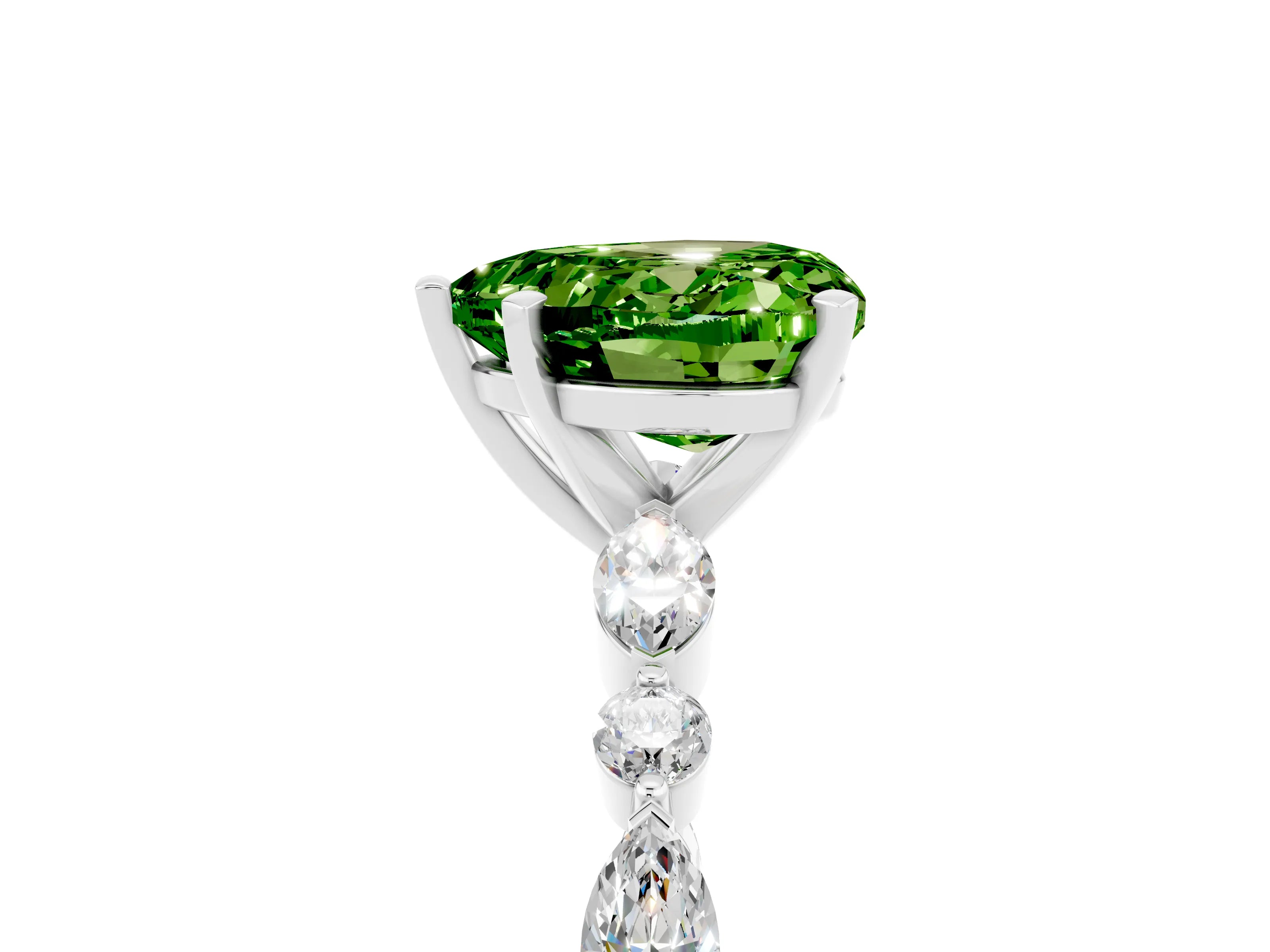 White gold Heart Cut Peridot Solitaire with Side Stones on a Pavé Band and Four-Prong Setting_5
