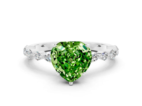 White gold Heart Cut Peridot Solitaire with Side Stones on a Pavé Band and Four-Prong Setting
