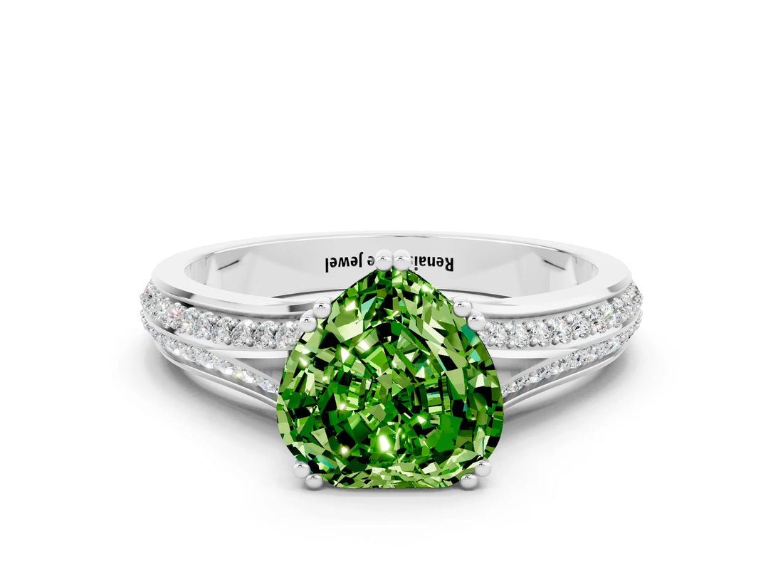 White gold Heart Cut Peridot Split Shank Engagement Ring with Pavé Band