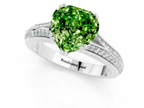 White gold Heart Cut Peridot Split Shank Engagement Ring with Pavé Band_1