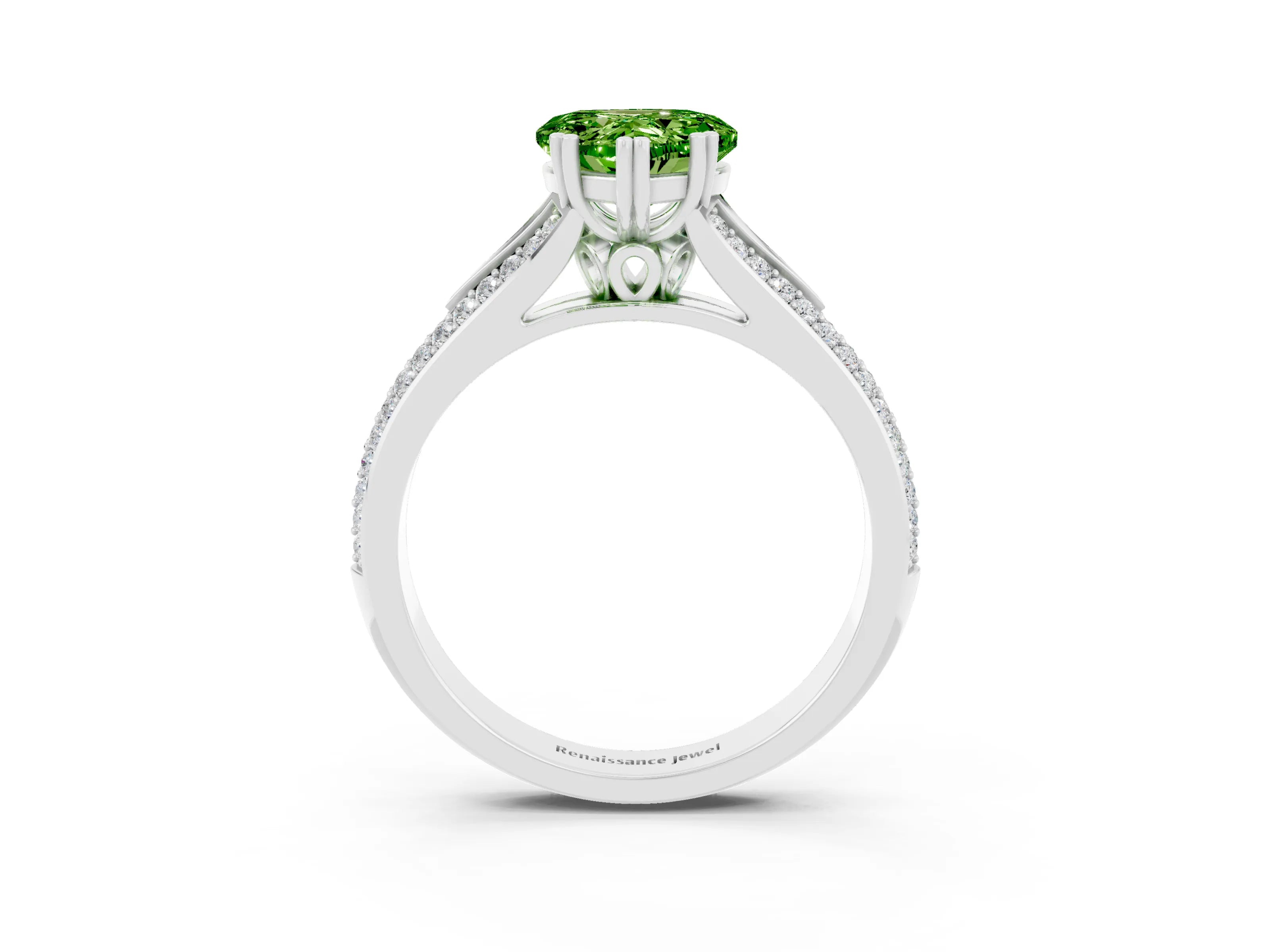 White gold Heart Cut Peridot Split Shank Engagement Ring with Pavé Band_3