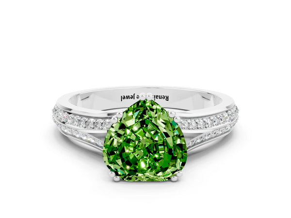 White gold Heart Cut Peridot Split Shank Engagement Ring with Pavé Band
