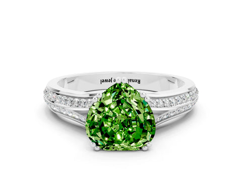 White gold Heart Cut Peridot Split Shank Engagement Ring with Pavé Band