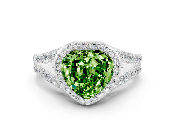 White gold Heart Cut Peridot Split Shank Halo Ring with Four-Prong Setting