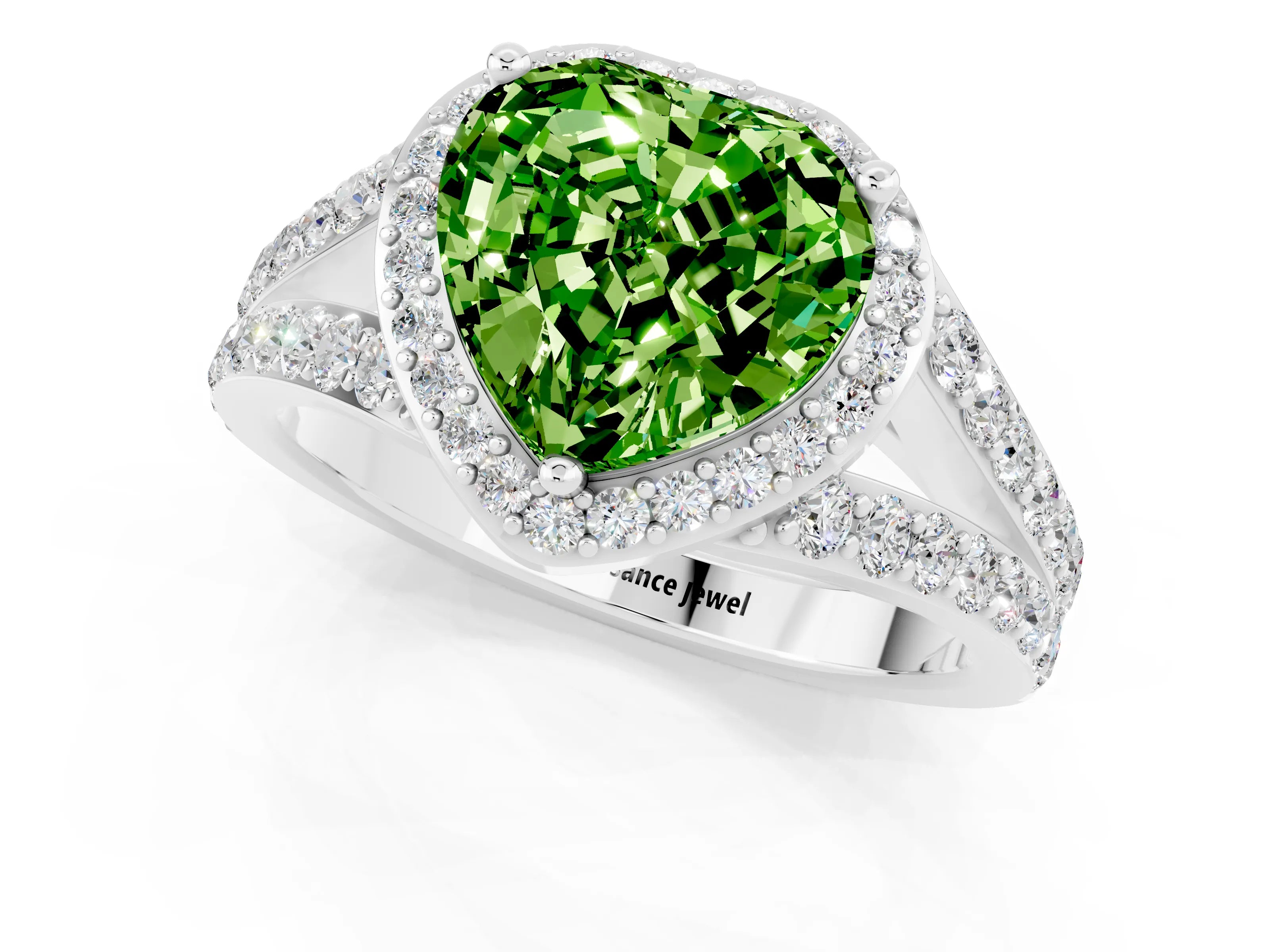White gold Heart Cut Peridot Split Shank Halo Ring with Four-Prong Setting_61