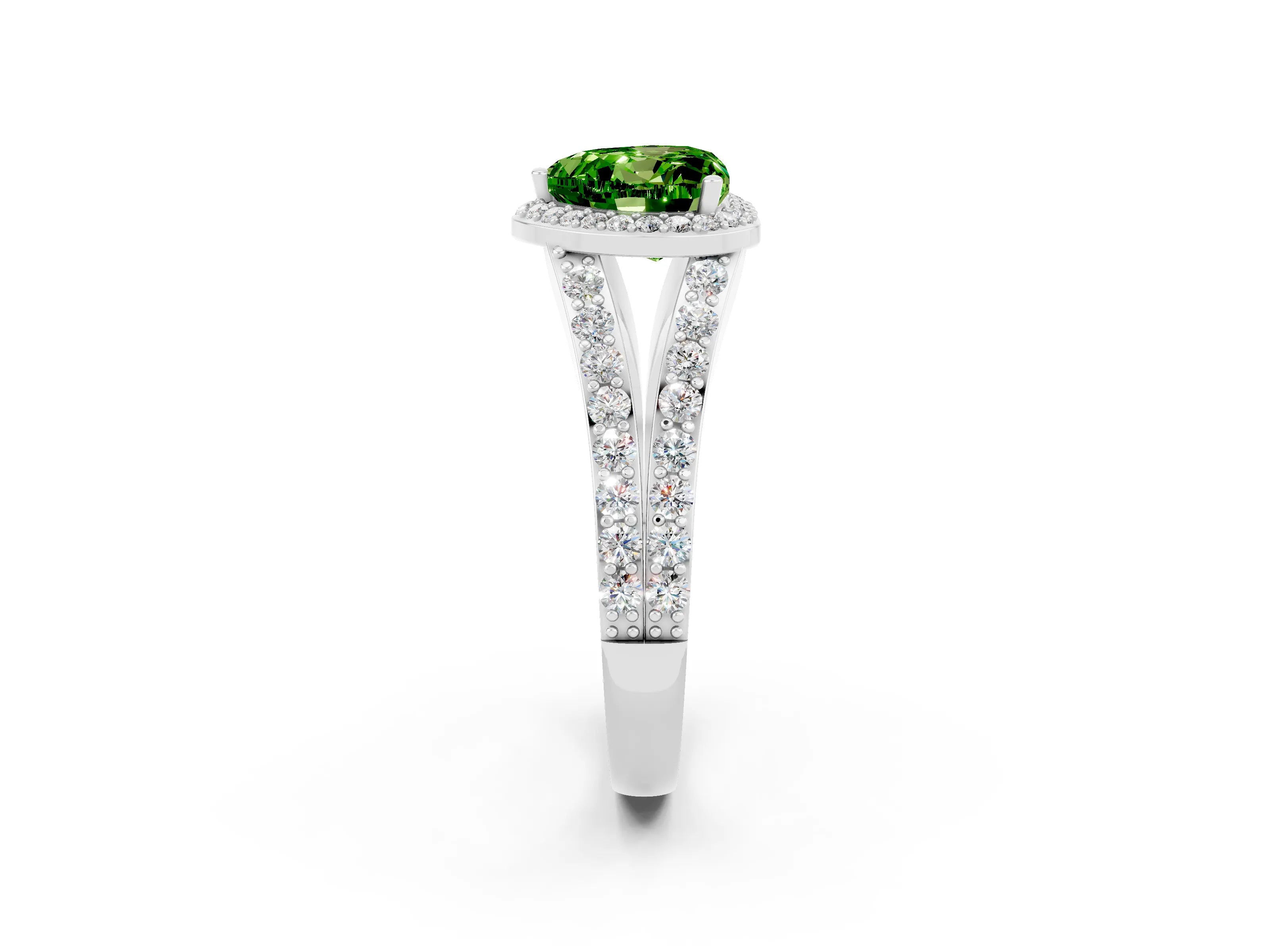 White gold Heart Cut Peridot Split Shank Halo Ring with Four-Prong Setting_62