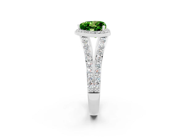 White gold Heart Cut Peridot Split Shank Halo Ring with Four-Prong Setting