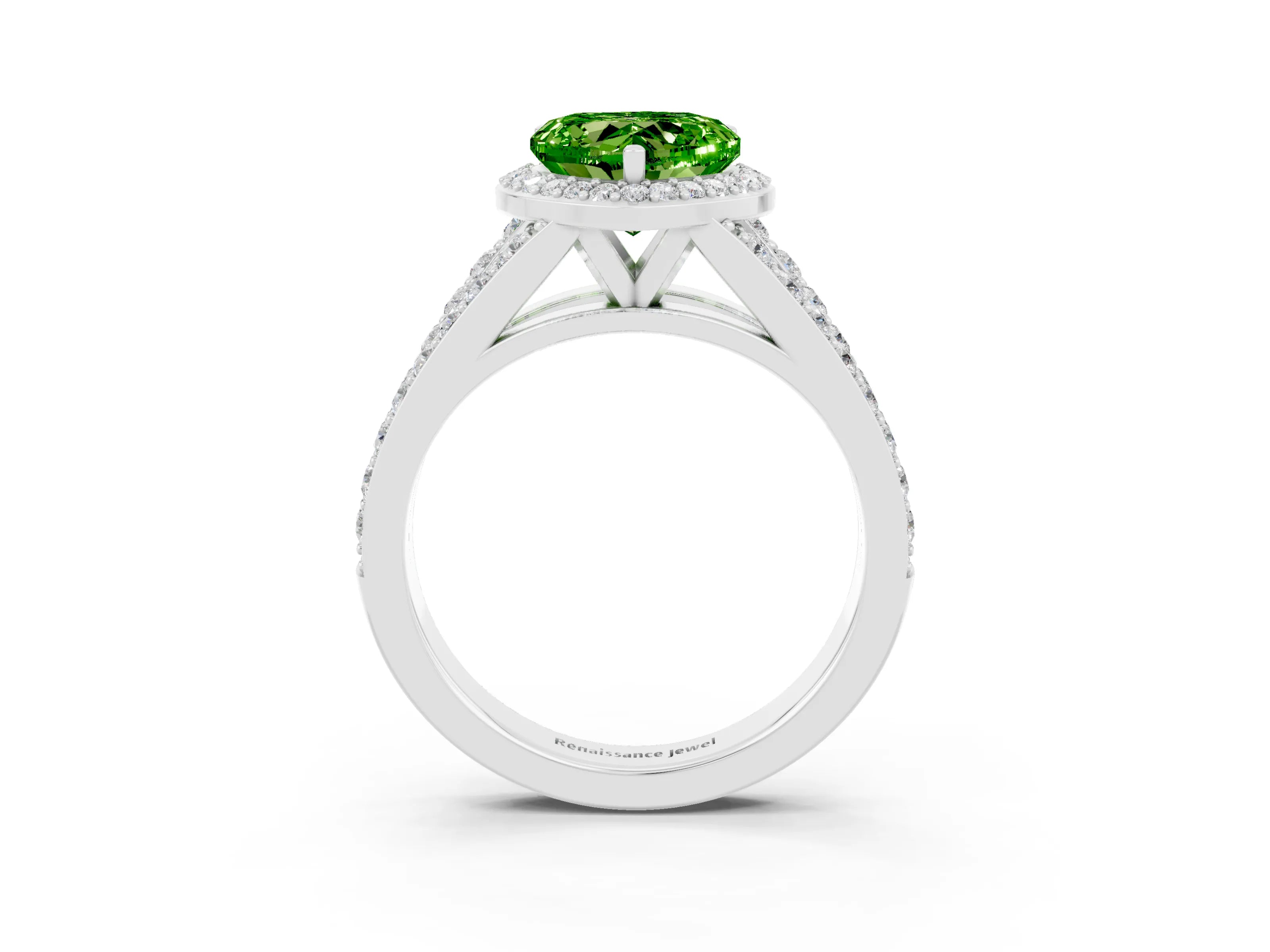 White gold Heart Cut Peridot Split Shank Halo Ring with Four-Prong Setting_63