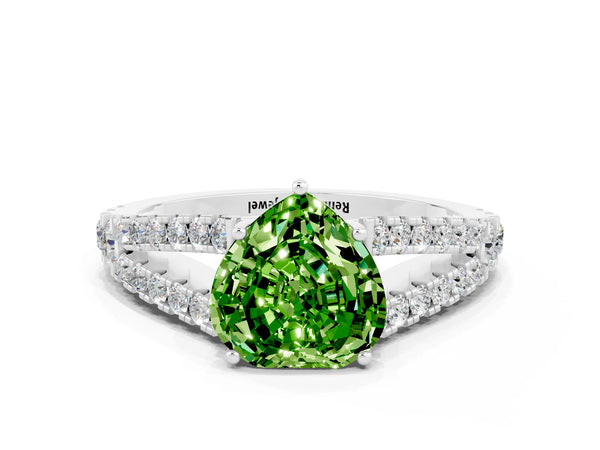 Platinum Heart Cut Peridot Split Shank Pavé Engagement Ring with Four-Prong Setting