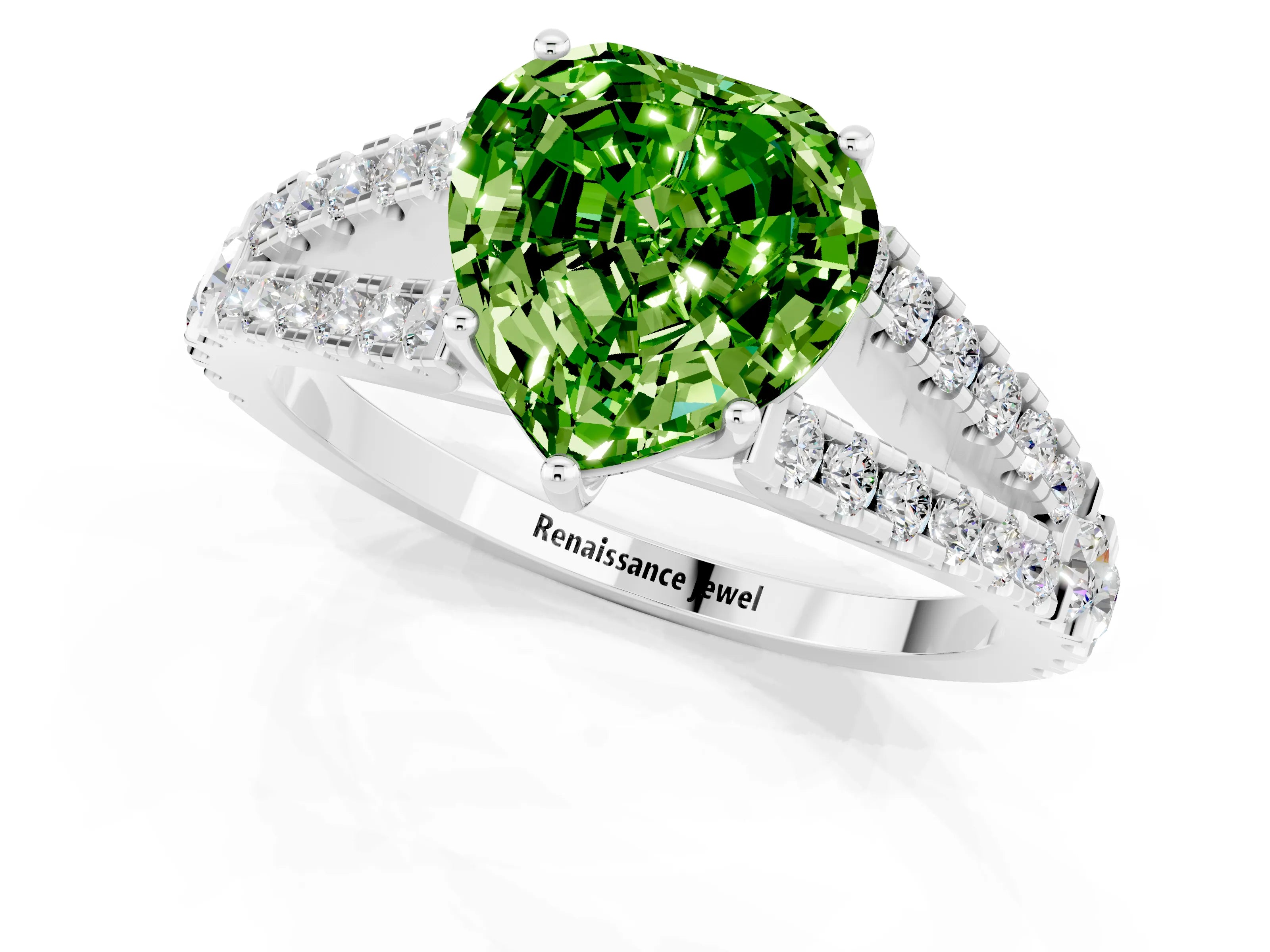 White gold Heart Cut Peridot Split Shank Pavé Engagement Ring with Four-Prong Setting_13