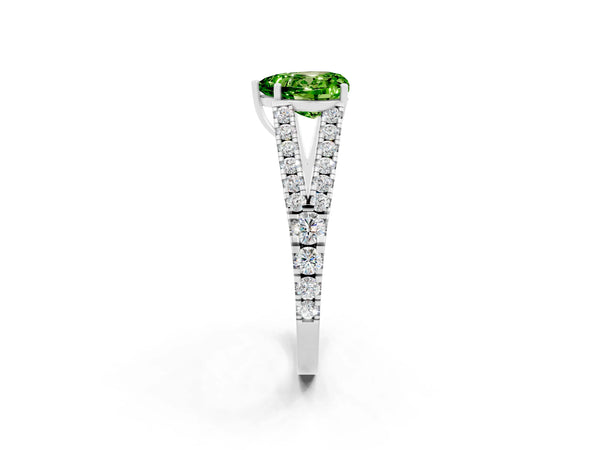 Platinum Heart Cut Peridot Split Shank Pavé Engagement Ring with Four-Prong Setting