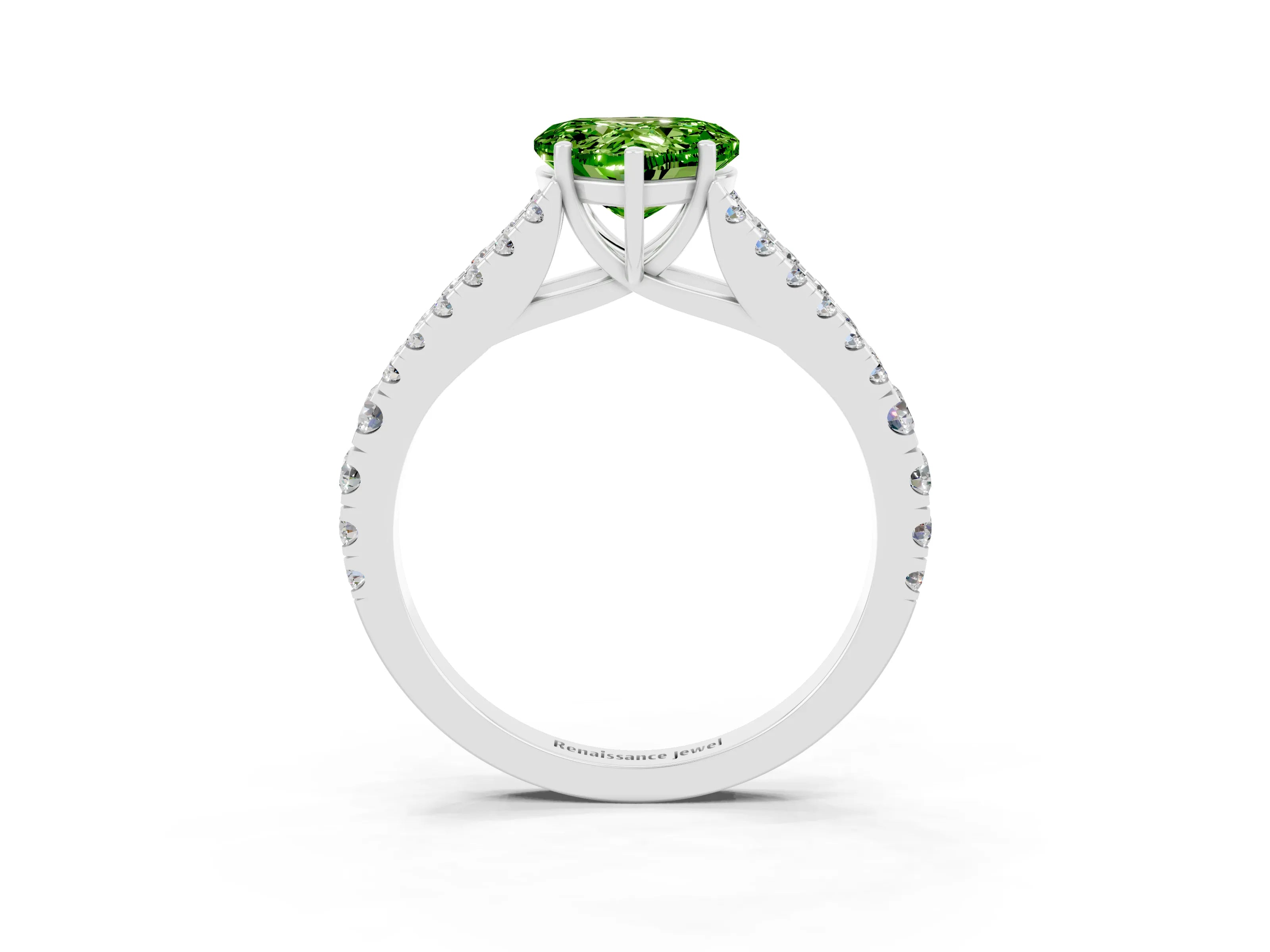 White gold Heart Cut Peridot Split Shank Pavé Engagement Ring with Four-Prong Setting_15