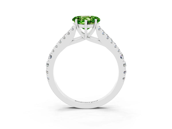 Silver Heart Cut Peridot Split Shank Pavé Engagement Ring with Four-Prong Setting