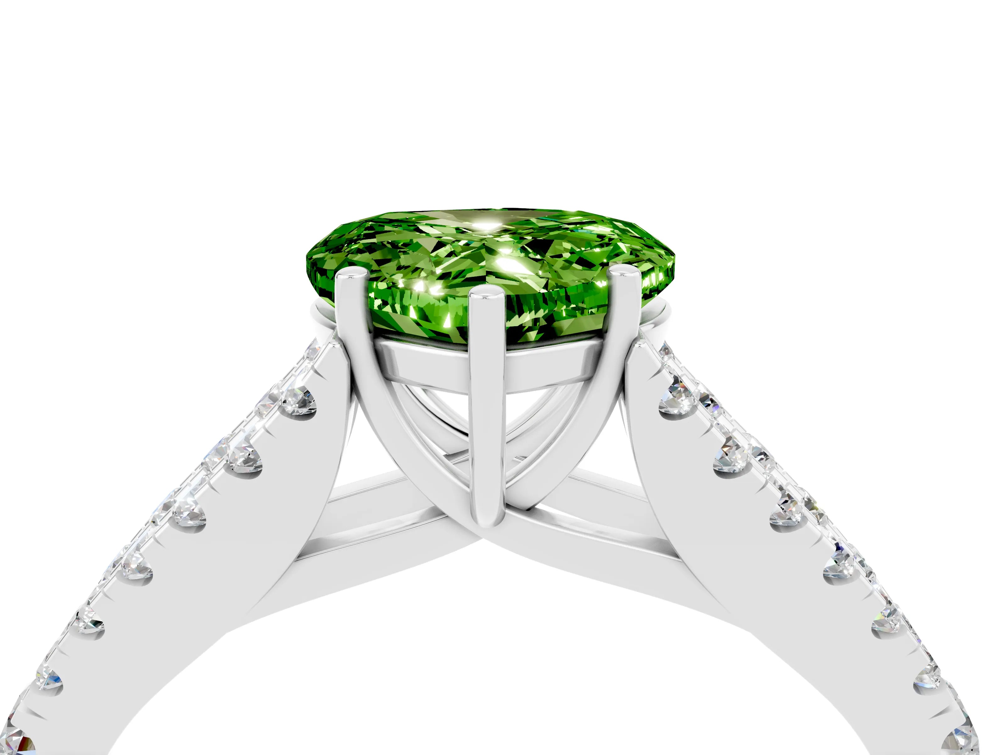 White gold Heart Cut Peridot Split Shank Pavé Engagement Ring with Four-Prong Setting_16