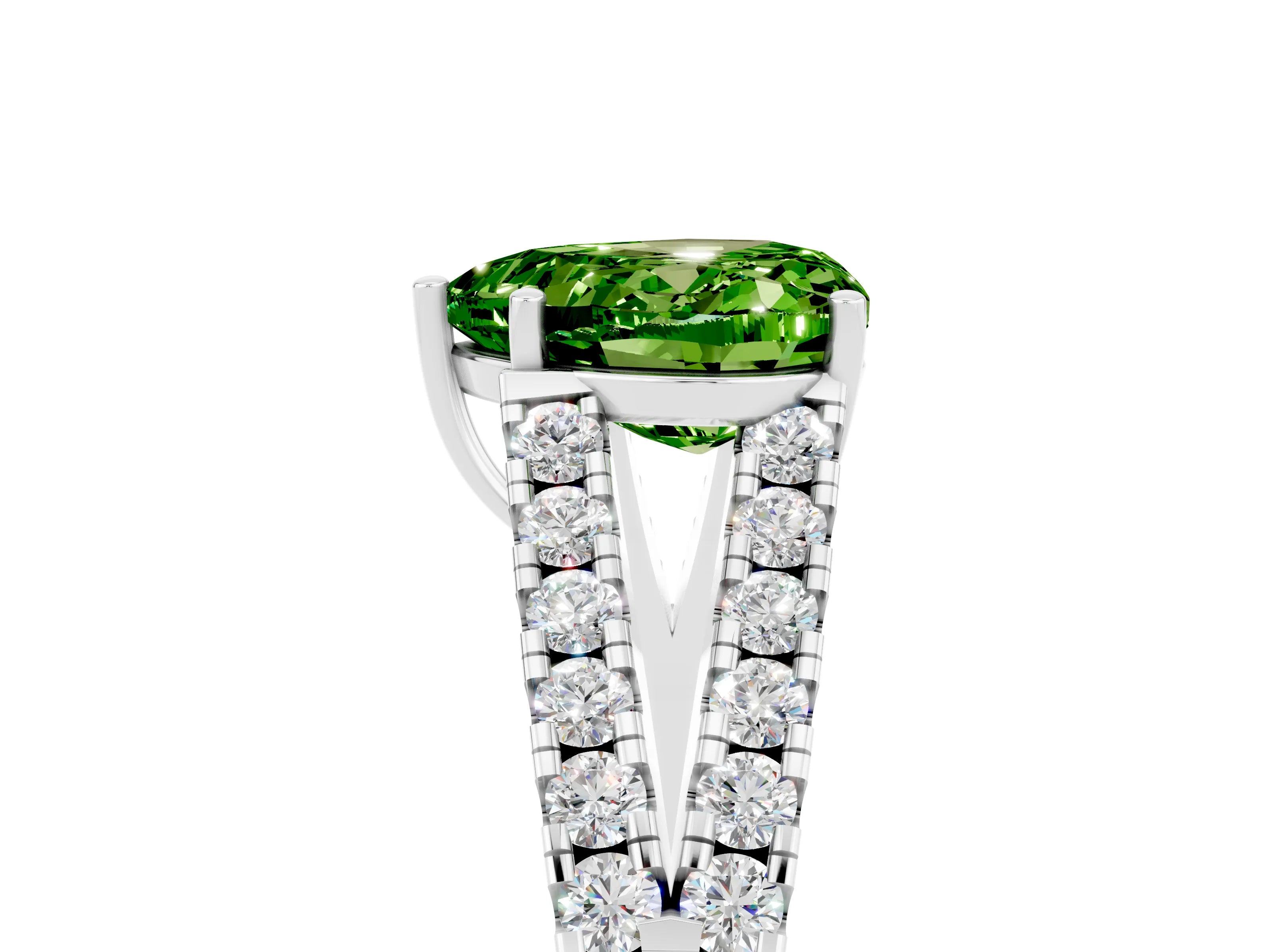 White gold Heart Cut Peridot Split Shank Pavé Engagement Ring with Four-Prong Setting_17