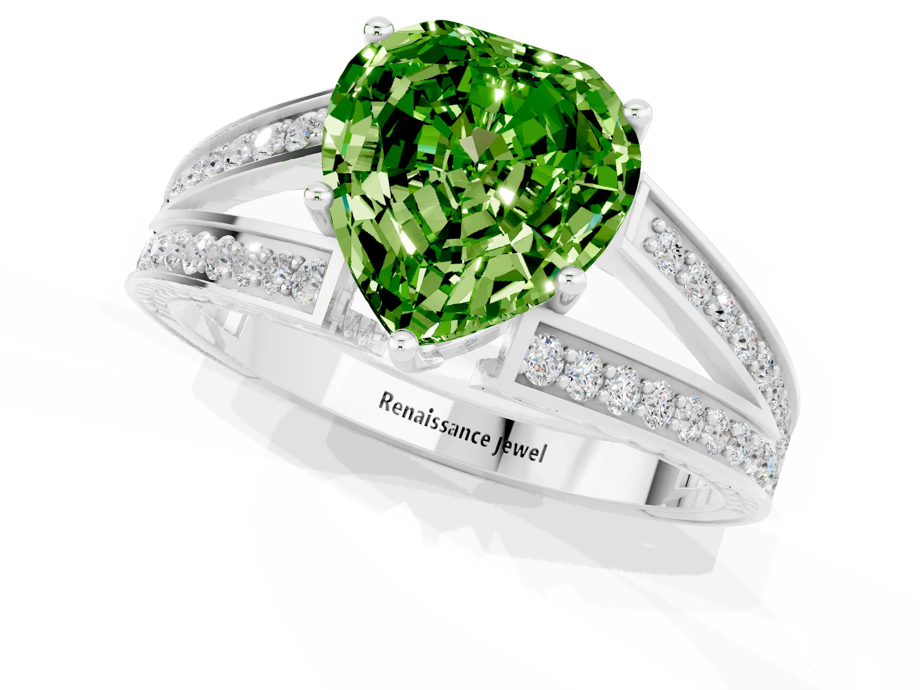 White gold Heart Cut Peridot Split Shank Ring with Pavé Band and Four-Prong Setting_1