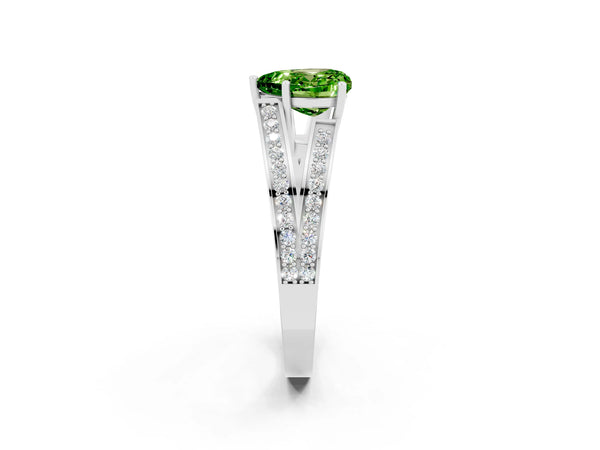 White gold Heart Cut Peridot Split Shank Ring with Pavé Band and Four-Prong Setting