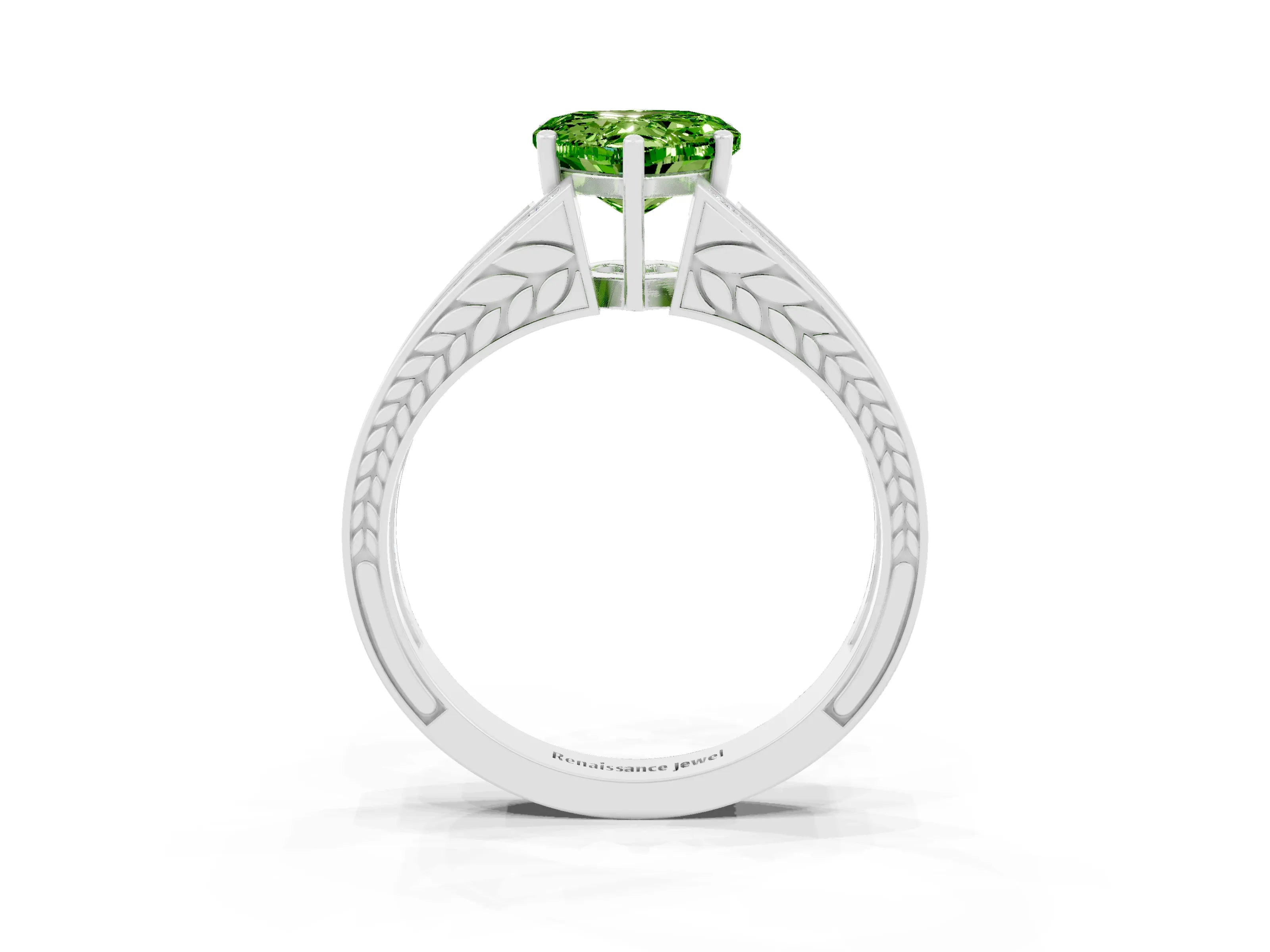 White gold Heart Cut Peridot Split Shank Ring with Pavé Band and Four-Prong Setting_3