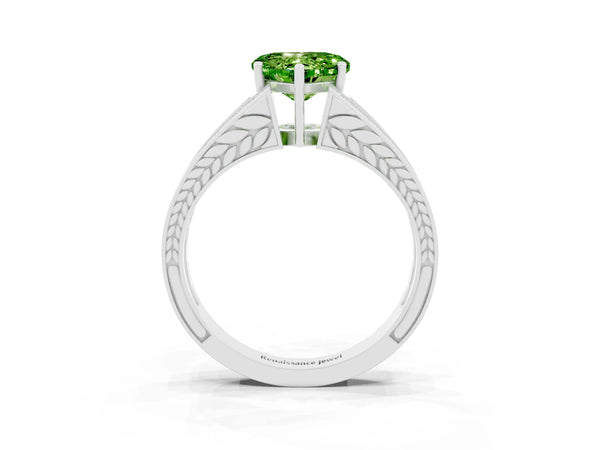 Platinum Heart Cut Peridot Split Shank Ring with Pavé Band and Four-Prong Setting