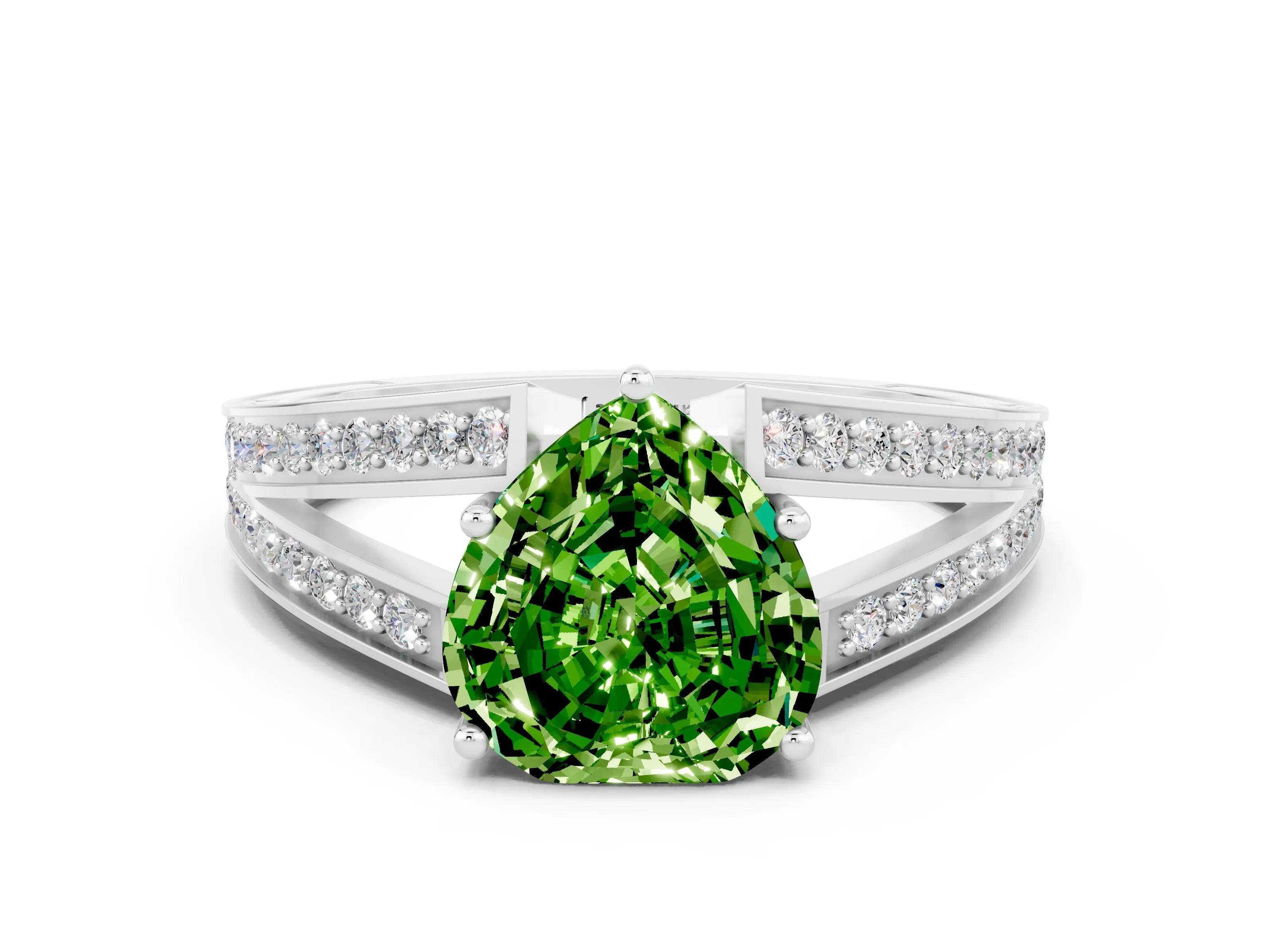 White gold Heart Cut Peridot Split Shank Ring with Pavé Band and Four-Prong Setting