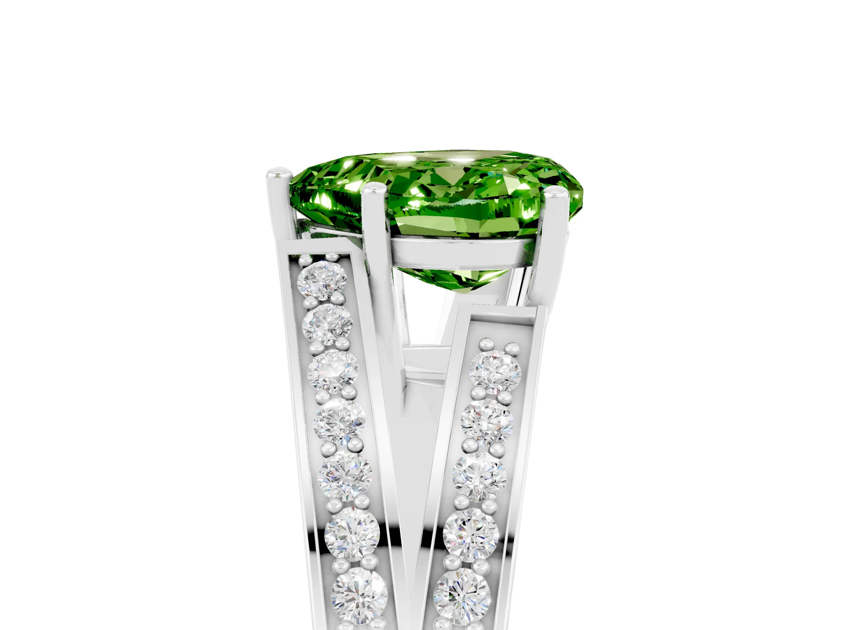 White gold Heart Cut Peridot Split Shank Ring with Pavé Band and Four-Prong Setting_5