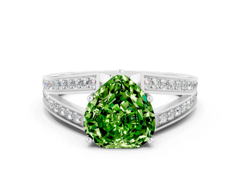 White gold Heart Cut Peridot Split Shank Ring with Pavé Band and Four-Prong Setting