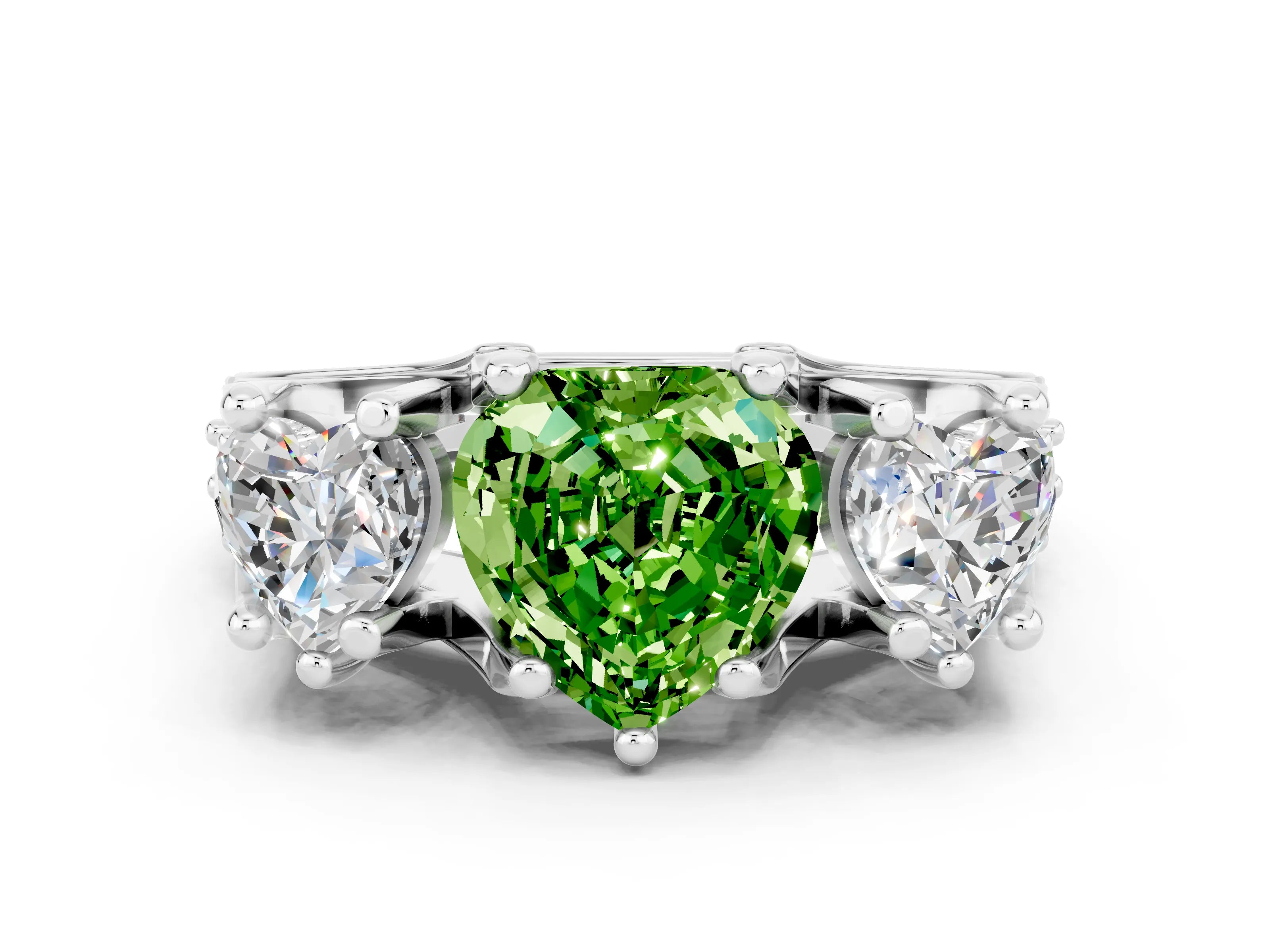 White gold Heart Cut Peridot Three-Stone Ring with Channel Set Band and Four-Prong Setting
