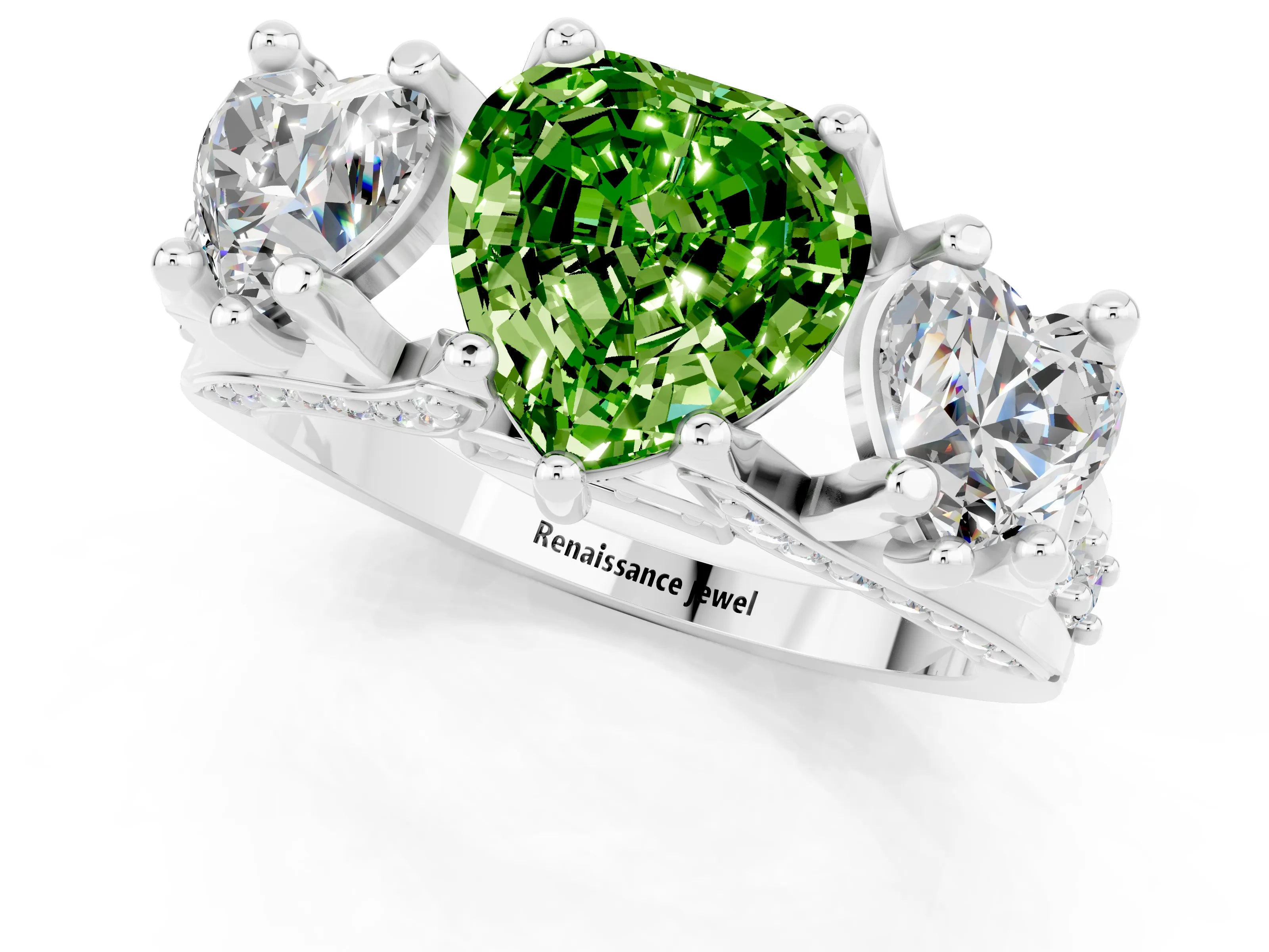 White gold Heart Cut Peridot Three-Stone Ring with Channel Set Band and Four-Prong Setting_1