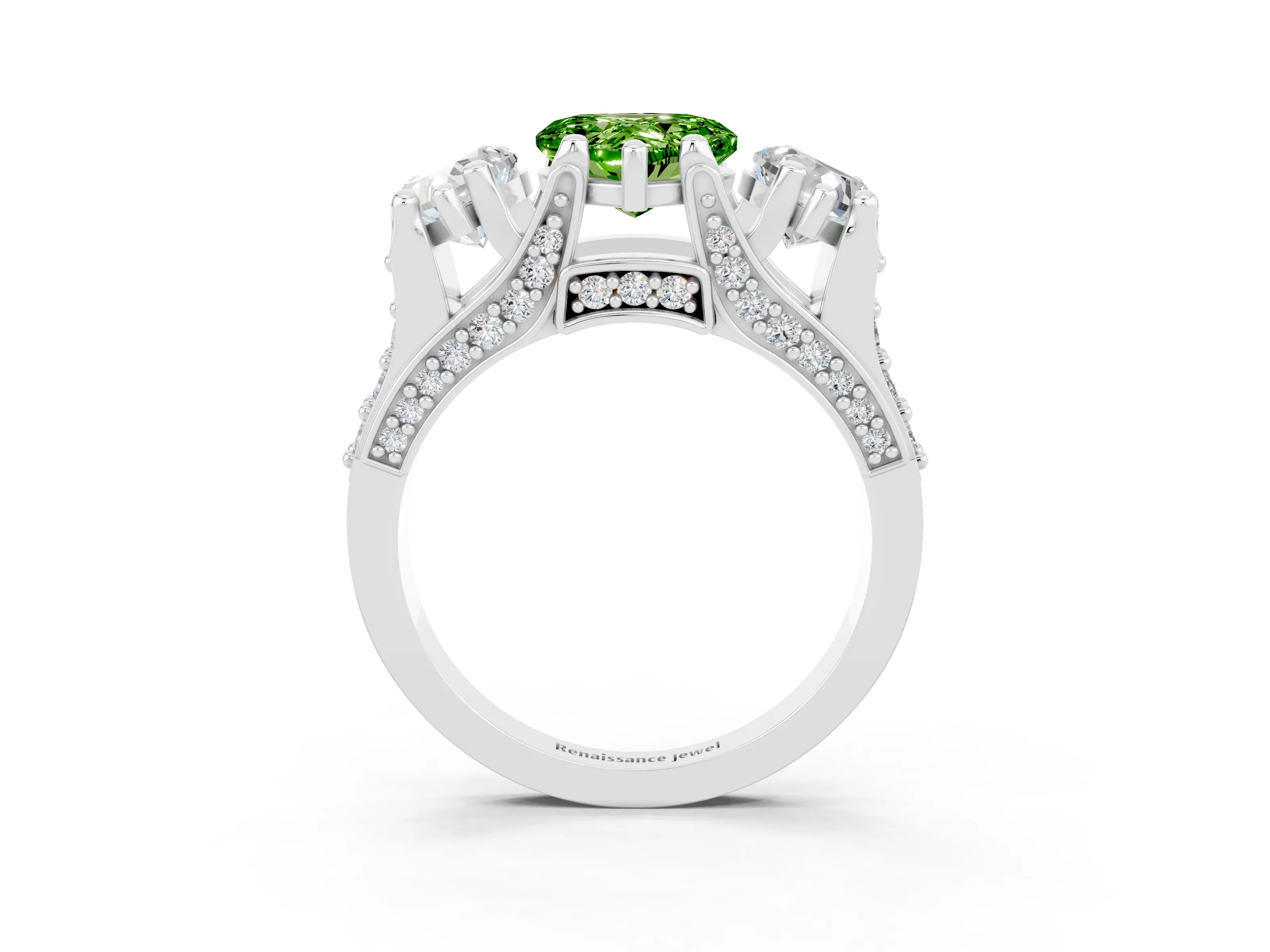 White gold Heart Cut Peridot Three-Stone Ring with Channel Set Band and Four-Prong Setting_3
