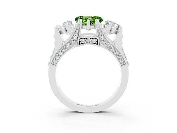 White gold Heart Cut Peridot Three-Stone Ring with Channel Set Band and Four-Prong Setting