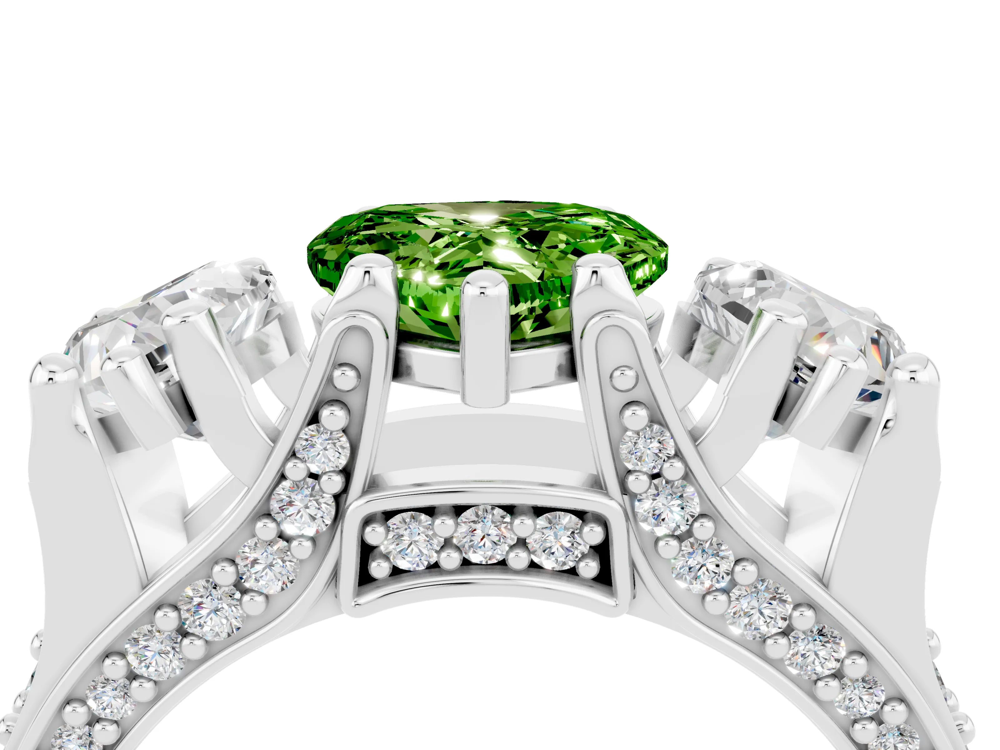 White gold Heart Cut Peridot Three-Stone Ring with Channel Set Band and Four-Prong Setting_4